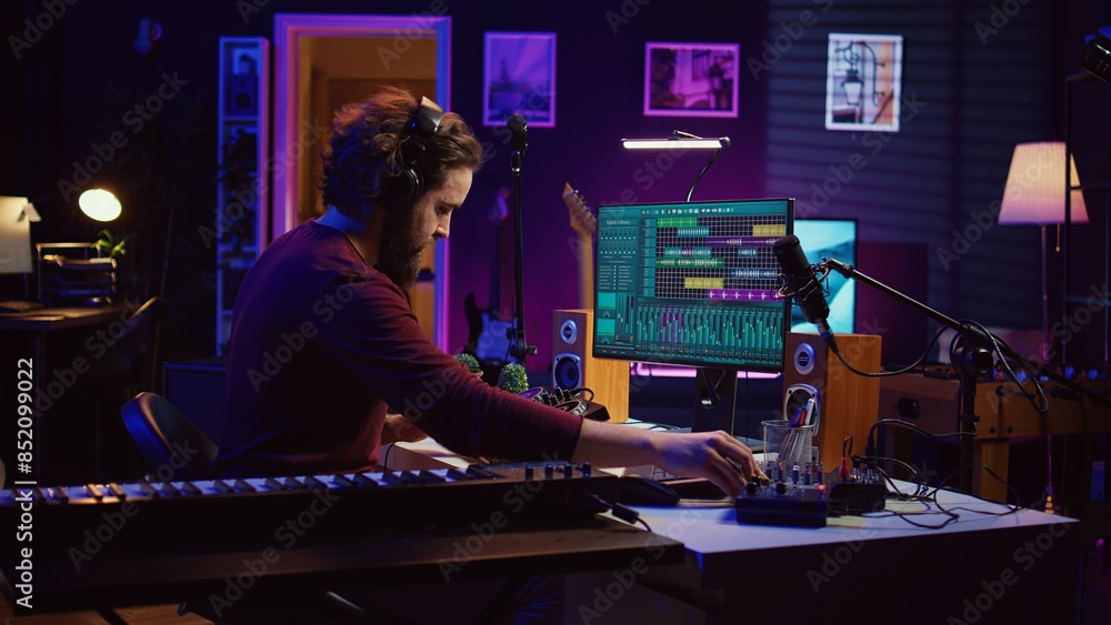 Poster music producer editing and mixing audio tracks on daw software, recording audio too loud with acoust