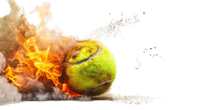 Burning tennis ball on transparent background
