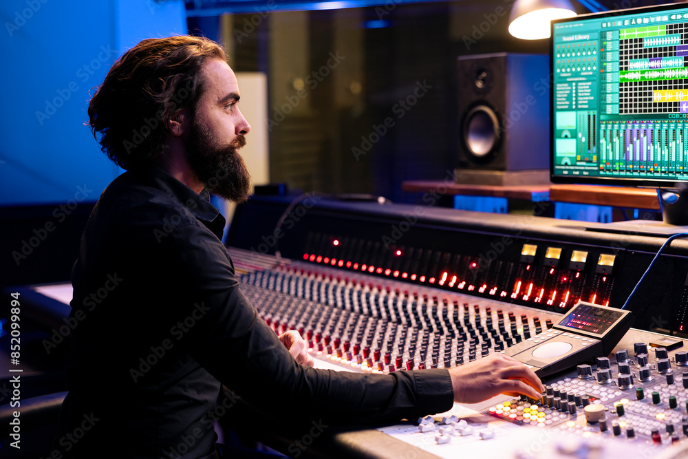 Poster Tracking engineer editing new music with digital audio software and mixing console in control room, working in post production at studio. Audio technician operates sliders and knobs.