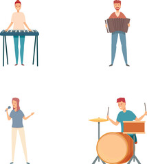 Musical group icons set cartoon vector. Young people playing various instrument. Musical fest