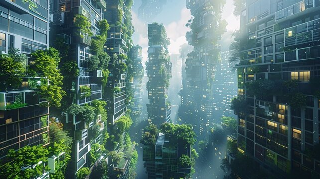 A cityscape with tall buildings and green trees growing on them