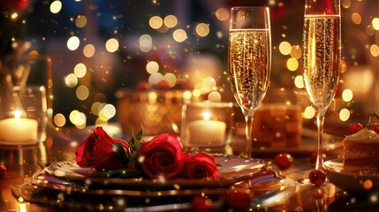 A dreamy snapshot captures a lovely couple basking in the glow of a sparkly gold setting celebrating their romance on Valentine s Day Amidst a romantic dinner scene glasses brimming with ch