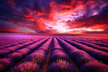 A vast field of lavender blooms under a vibrant sunset sky.