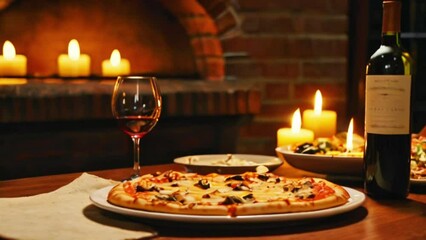 pizza with wine on the table.Seamless 4k time lapse virtual video animation background