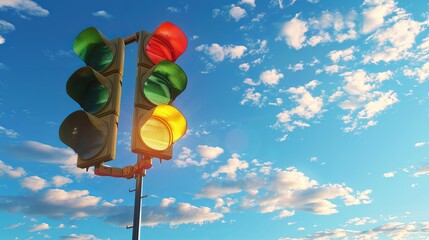 A 3D render of a double hanging traffic light, displaying all three colors (red, yellow, and green), set against an empty blue sky background.