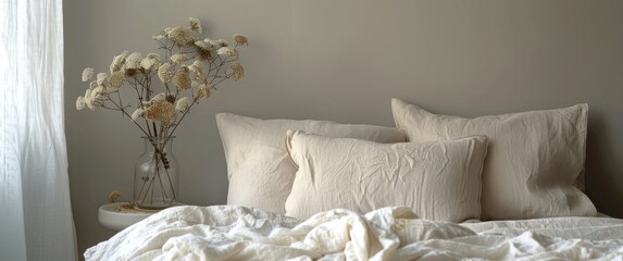 White Bed Pillows and Blanket With Dried Flowers in Vase Beside Window