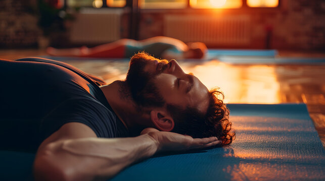 young man relax on a yoga mat, healty lifestyle and wellness, joga concept