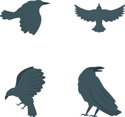 Raven bird icons set cartoon vector. Cute cartoon black raven. Bird, animal