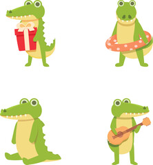 Crocodile icons set cartoon vector. Funny green crocodile animal. Cartoon character