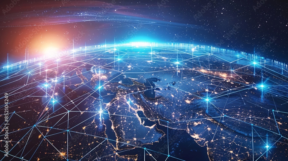 Poster a blue and red planet with a network of lines connecting it