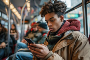 Young man using smartphone on a busy city bus. Ideal for illustrating modern urban transportation, digital connectivity, and everyday life. Suitable for advertising, editorials, and lifestyle content.