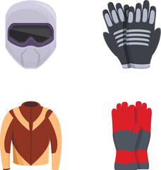 Obraz premium Moto accessory icons set cartoon vector. Moto riding suit and protective gear. Motor sport