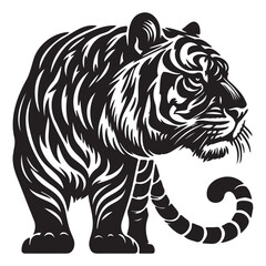 A predatory animal looks to the side, the head of a tiger, a black silhouette on a transparent background, vector drawing for stencil, print