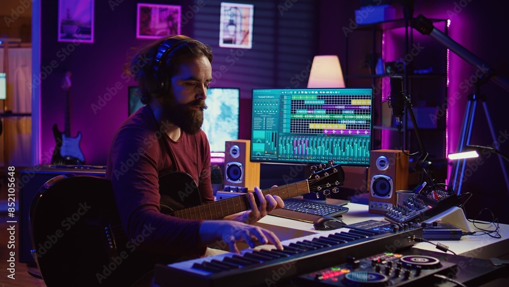 Poster Musical composer recording his guitar tunes and adding piano key sounds, creating a beautiful song with mixing console and daw software. Sound engineer working with electronic tools. Camera B.