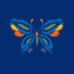 Beautiful butterfly. Stylized floral ornament. Flower symbol in yellow and blue colors. Summer mood