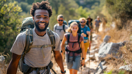 Group of happy hikers on a trail. A great representation of outdoor adventure, fitness, and camaraderie. Ideal for travel, lifestyle, and health promotion content.