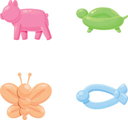 Twisted balloon icons set cartoon vector. Inflatable animal from colored balloon. Celebratory toy