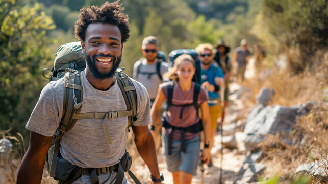 Group of happy hikers on a trail. A great representation of outdoor adventure, fitness, and camaraderie. Ideal for travel, lifestyle, and health promotion content.