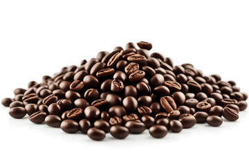 Naklejka premium realistic illustration of coffee beans spilled with aromatic flavor rising, isolated on a white background. This barista-themed artwork features cinematic lighting and a close-up, macro perspective