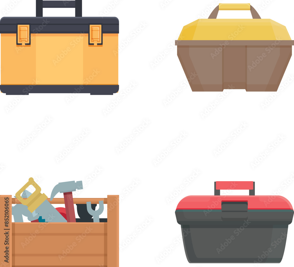 Wall mural toolkit icons set cartoon vector. toolbox with hand instrument inside. construction and repair tool