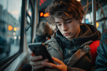 Young man on bus engrossed in smartphone. Reflects modern urban transport and technology use. Ideal for tech, communication, and lifestyle visuals suitable for diverse marketing campaigns.