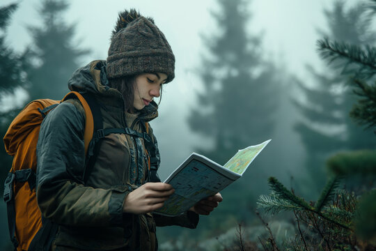 Adventurous young woman reading a map in a foggy forest. Ideal for concepts of exploration, travel, and navigation in nature. Great for outdoor and adventure-themed marketing and editorial needs.