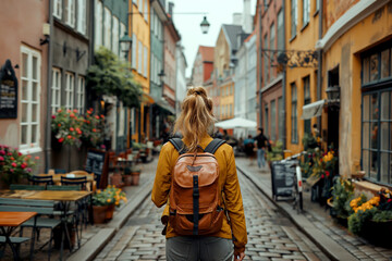 Fototapeta premium Solo traveler exploring colorful European street. A perfect image for travel guides, blogs, and marketing materials. Ideal for emphasizing wanderlust and adventure in urban settings.