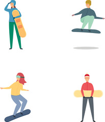 Snowboarder icons set cartoon vector. Snowboarder in training to learn ride. Winter activity, hobby