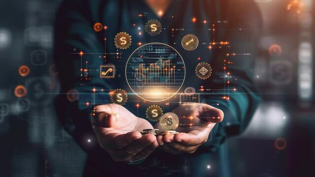 Business concept for growth or planning of finance technology. a hologram virtual digital graph chart with financial icons. AI technology concept for business future growth. 4K Videos