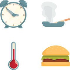 Insomnia cause icons set cartoon vector. Junk food, smoking and high temperature. Sleeping problem