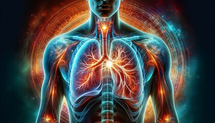 A close-up of an X-ray view of the human chest, highlighting a section in one lung with a glowing effect.