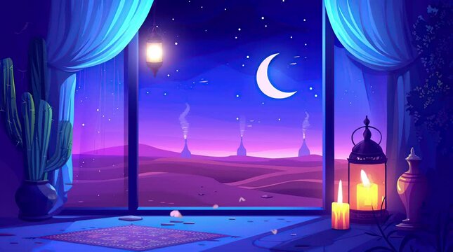 Traditional Arabic lamp illuminating a window overlooking a vast desert landscape.
 Seamless looping 4k time-lapse virtual video animation background. Generated AI