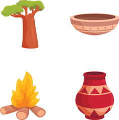 Aboriginal culture icons set cartoon vector. Aboriginal tribe culture and life. South africa