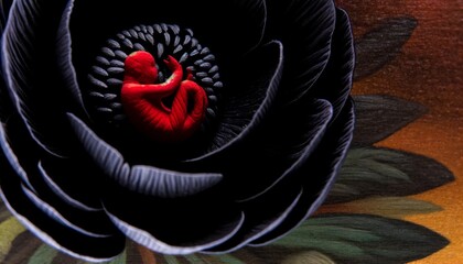 A detailed and focused image of a red figure curled up inside a large, dark flower.