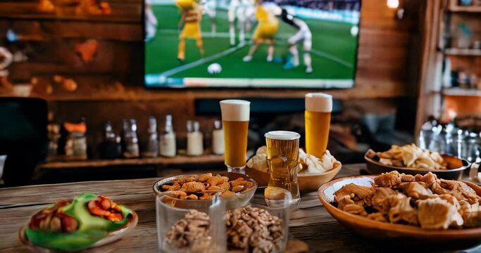 Watching soccer (football) game with friends at cozy bar, enjoying snacks and beer, festive atmosphere, sports entertainment.