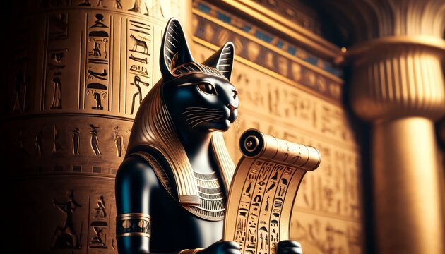 A detailed, focused image of an ancient Egyptian cat deity statue holding a scroll with detailed hieroglyphics, suggesting ancient wisdom and knowledge.