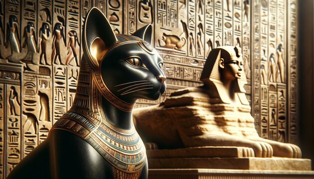 A detailed, focused image of an ancient Egyptian cat deity statue with the Great Sphinx of Giza in the background, creating a connection to ancient Egypt.