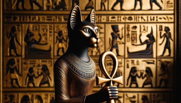 A detailed, focused image of an ancient Egyptian cat deity statue holding an ankh symbol.