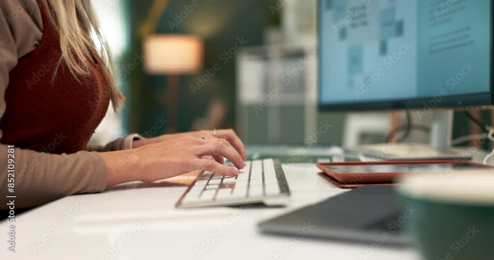 Poster hands, business and woman with keyboard, typing and computer with graphic designer, startup and inte