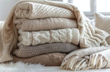 Stack of Knitted Blankets on White Wooden Surface