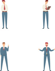 Director icons set cartoon vector. Young male executive in business suit. Work, career