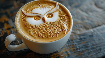 Intricate Owl Latte Art on Rustic Wooden Table