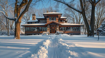 A Craftsman-style house early in the morning, the fresh snow untouched except for a path shoveled leading to the arts and crafts decorated front door. Sparse winter trees frame the house beautifully.