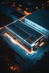 Obraz premium Aerial view of a data center at night, with its exterior illuminated by strategic lighting. 
