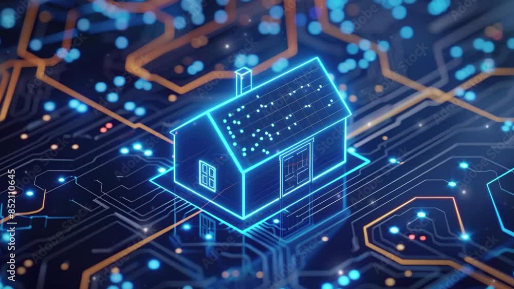 Aufkleber digital house icon on a circuit board background with a blue glowing light effect. house with futuri