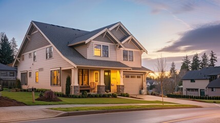 A Craftsman style house in sandy beige standing silently in the soft light of dawn, with no one around on the tranquil suburban streets.
