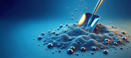 Digital artwork of a shovel resting on sand, adorned with blue crystals, silver light, powdery textures, and sleek flowing shapes. Unique composition blending realism with artistic elements.