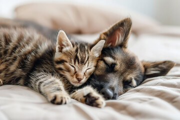 A dog and a cat are laying on a wooden floor