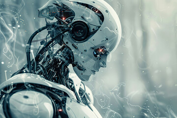 A robot with a face and a mouth is standing in front of a building