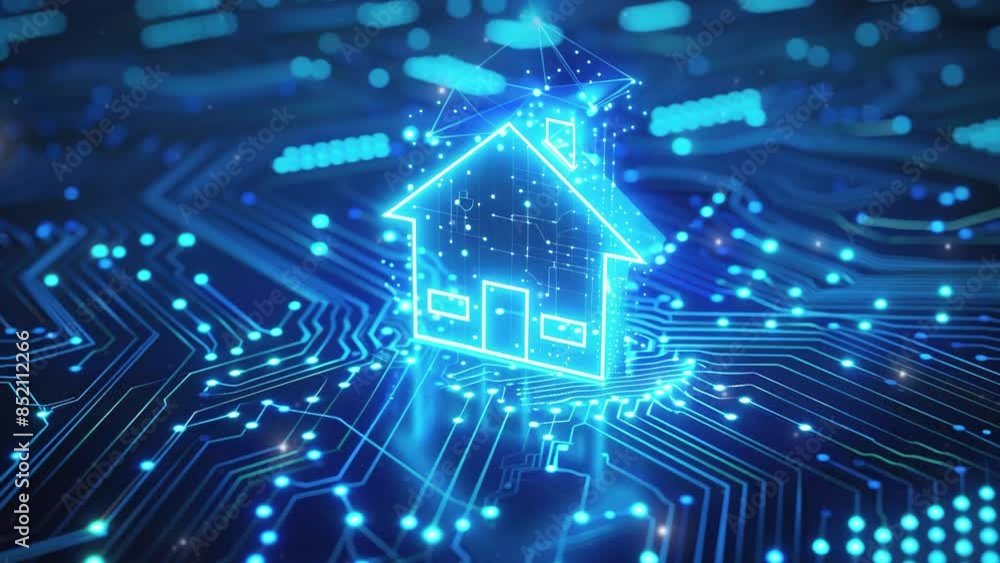 Poster digital house icon on a circuit board background with a blue glowing light effect. house with futuri